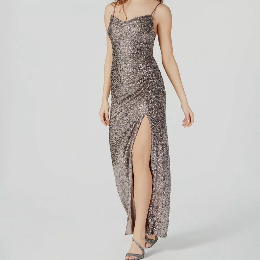 Betsy & Adam Women's Silver Sequined Ruched Side Slit Dress Size 0